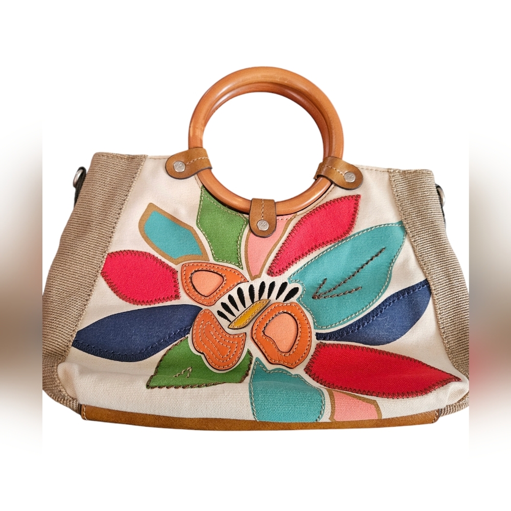 Relic Floral Beige Handbag with Tan Leather Trim (11in x 8.5in x 4in)